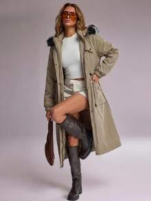 RueChic Drawstring Waist Fuzzy Trim Hooded Parka Coat - Beige - View 1