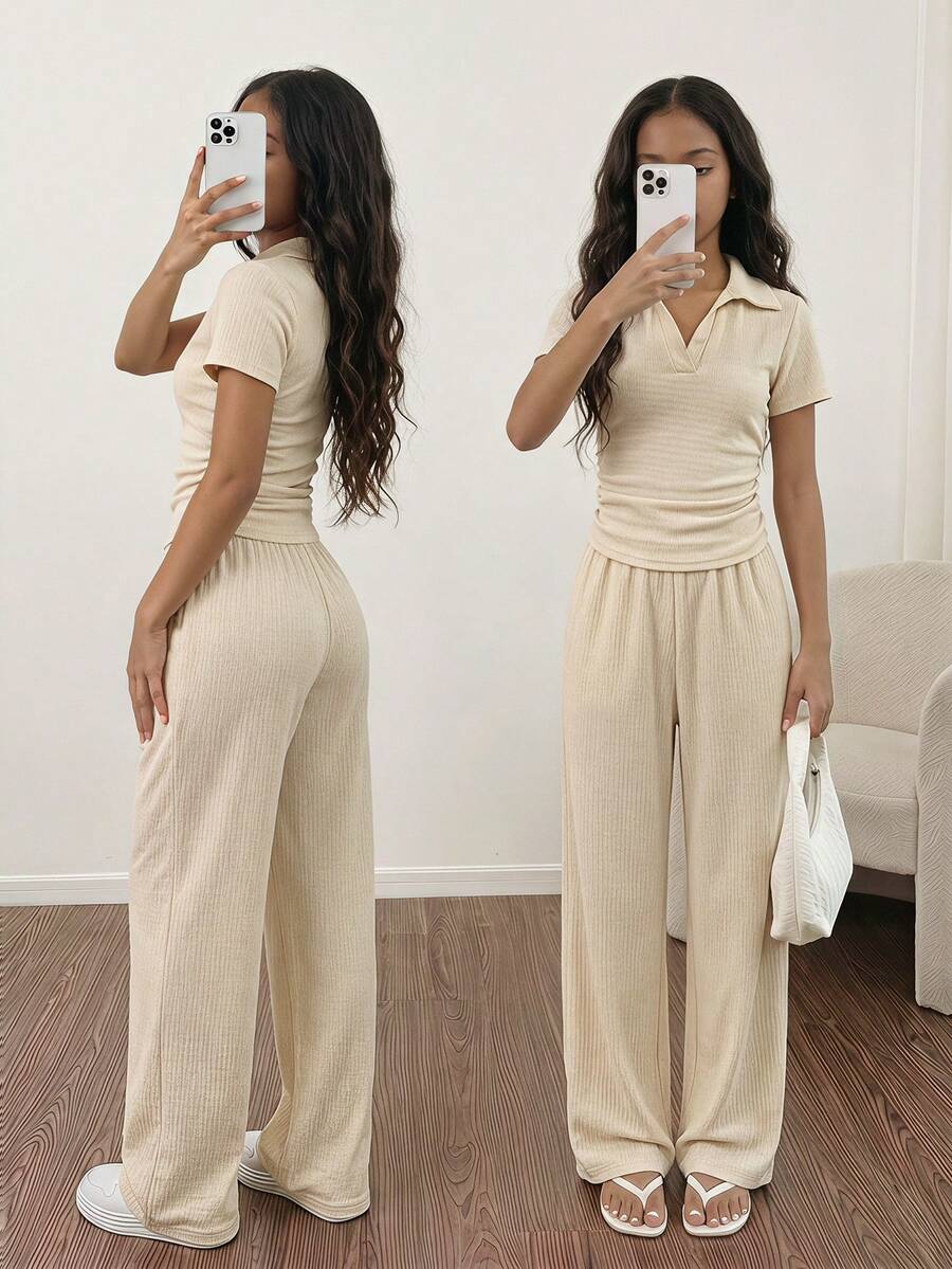 Tween Girl Short Sleeve Pleated Collar T-Shirt Solid Color Long Pants Set - Multicolor - View 1