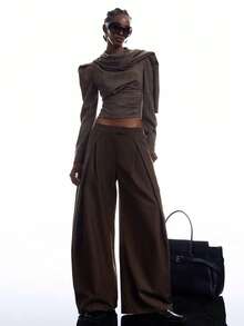 LYSMO 2026 New Arrive Minimalism Women's Solid Color Zipper Fly Pleated Casual Wide Leg Suit Pants Work Outfits For Women - Coffee Brown - View 4