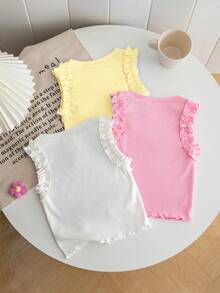 SHEIN 女童 3件組 素色針織 3D花朵荷葉邊休閒背心上衣 - 芥末黃 - 查看 4