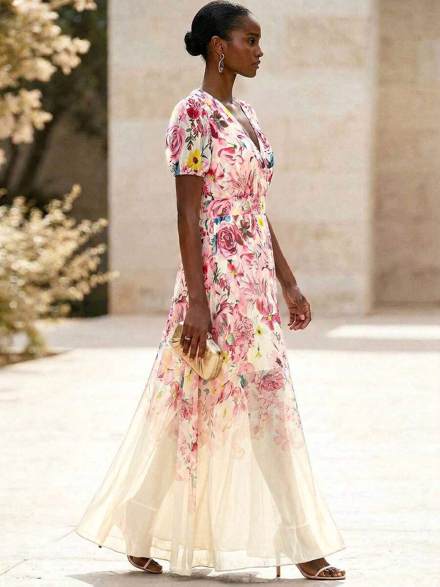 SHEIN Clasi Plus Size Ditsy Floral V-Neck Chiffon Dress, Summer - Multicolor - View 1