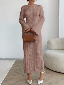 EURMUSE Cable Pattern Sweater Dress Fall Winter - Rusty Rose - View 5