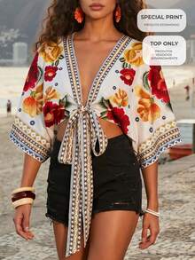 CAJUNI Women's Vacation Floral Geometric Print Tie-Front Fashion Top Beach White Summer Boho Sexy Casual - Multicolor - View 9