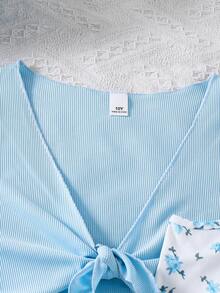 2pcs/Set Tween Girls Spring/Summer New Elegant Knitted Ribbed Cardigan Top And Knitted Floral Digital Print Cami Waist-Cinching Dress Casual Daily Outing - Blue - View 7