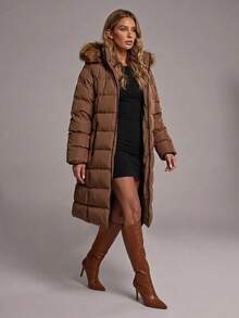 RueChic Slant Pockets Fuzzy Trim Hooded Puffer Coat - Brown - View 1