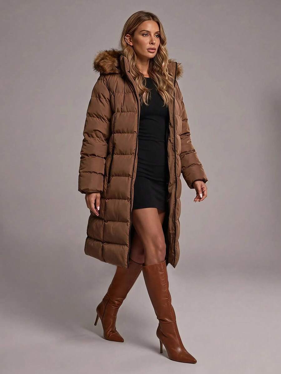 RueChic Slant Pockets Fuzzy Trim Hooded Puffer Coat - Brown - View 1