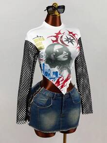 Mistrie Women's Sexy Y2k Character Graphic Print Streetwear Asymmetrical Hem Mesh Patchwork Top Music White With Black Polka Dots Summer Concert Night Out - White - View 5