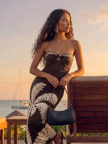 CAJUNI Chic Vacation Elegant Beige Embroidery Palm Tree Long Dress - Brown - View 3