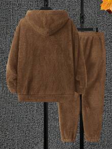 SHEIN Cottnline Men's Simple Solid Color Hooded Sweatshirt And Sweatpants Two-piece Set - Camel - View 2