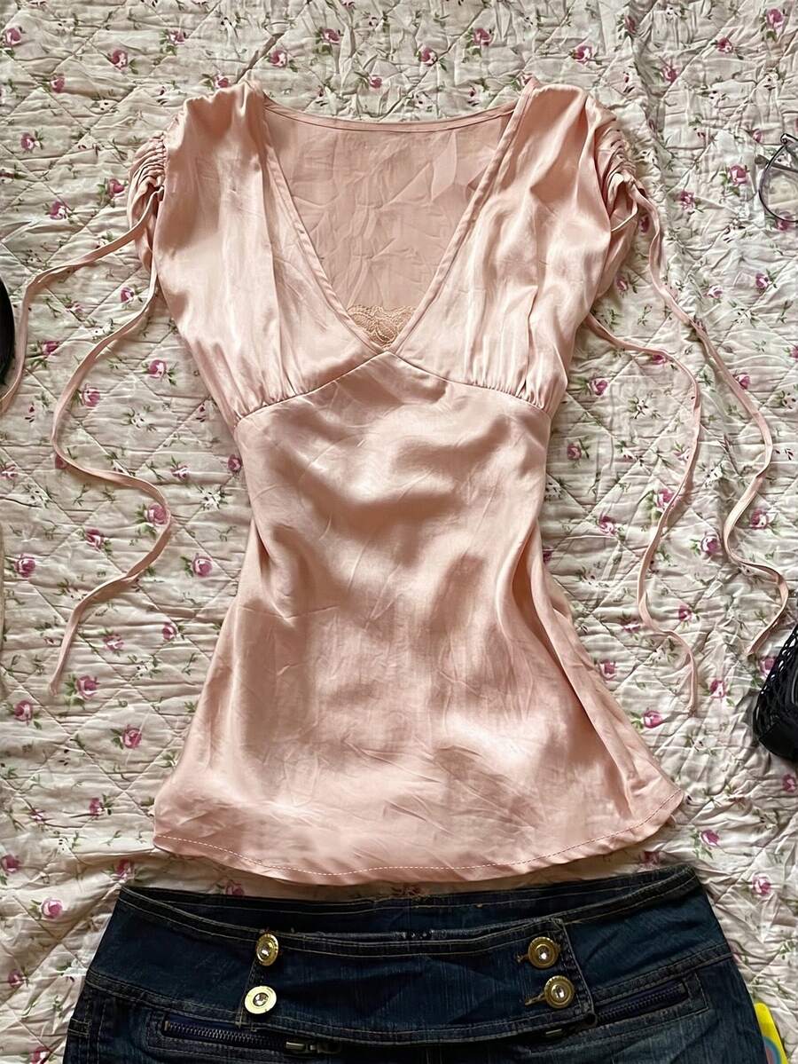 INAWLY 女款緞面與蕾絲拼接上衣 - 淺粉色 - 查看 1