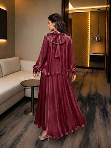 Auveirra Elegante conjunto de 2 piezas para mujer talla grande para primavera/verano: Blusa de manga larga suelta con cuello de corbata de gasa y falda evasé para estar en casa - Burdeos - Ver 2