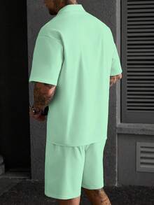 Manfinity CasualCool 男士成熟休閒襯衫套裝，牙籤褶皺與拉鍊設計，適合日常穿著，送給男友與丈夫的理想禮物 - 薄荷綠 - 查看 2