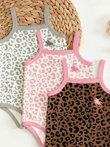 1 Pc Random Newborn Baby Retro Leopard Print And Polo Knight Logo Print Suspender Bodysuits - Multicolor - View 4