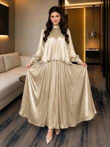 Auveirra Elegant Modest Women's 2-Piece Set Champagne Formal Autumn Chiffon Tie-Neck Loose Long Sleeve Top & A-Line Skirt Plus Size Commuting Sets - Apricot - View 5
