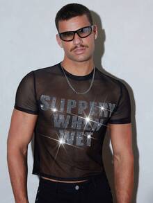 FeverCity Men's Summer Sexy Rhinestone Decor Sheer Mesh T-Shirt - Black - View 3