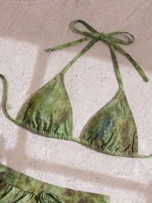 Bonvoyette 女款夏季海灘度假掛脖綁背性感荷葉邊比基尼泳衣3件組 - 綠色 - 查看 4