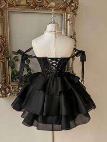 Lovelzi Elegant Glamorous Black Sequin 3D Applique Off-Shoulder Corset Boned Ruched Tiered Layered Ruffle A-Line Mini Dress Prom Homecoming Cocktail Party - Black - View 4