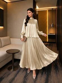 Auveirra Elegant Modest Women's 2-Piece Set Champagne Formal Autumn Chiffon Tie-Neck Loose Long Sleeve Top & A-Line Skirt Plus Size Commuting Sets - Apricot - View 6