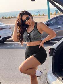 Gameset SHEIN Sport Plus Size Women's Zipper Front Everyday Fitness Athletic Sports Bra Gym Gray Summer - Grey - View 1