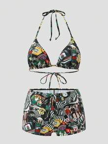 ROMWE Street Life Ensemble de maillot de bain 2 pièces pour femmes, nouveau style d'été avec Top de bikini licou à imprimé graphique vintage de personnages aléatoires et short de plage, convient pour les vacances à la plage et les tenues de fête - Multicolore - Voir 1