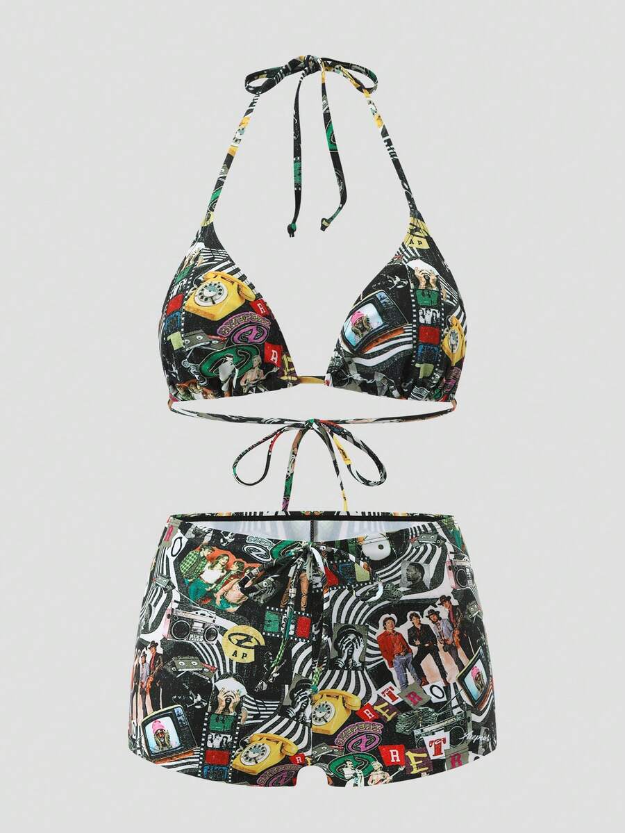 ROMWE Street Life Ensemble de maillot de bain 2 pièces pour femmes, nouveau style d'été avec Top de bikini licou à imprimé graphique vintage de personnages aléatoires et short de plage, convient pour les vacances à la plage et les tenues de fête - Multicolore - Voir 1