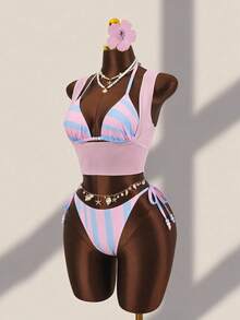 Zestiva Women's Summer Beach Vacation Halter Tie Beaded Decor Backless Sexy Bikini Swimsuit 3-Piece Set - Multicolor - View 4