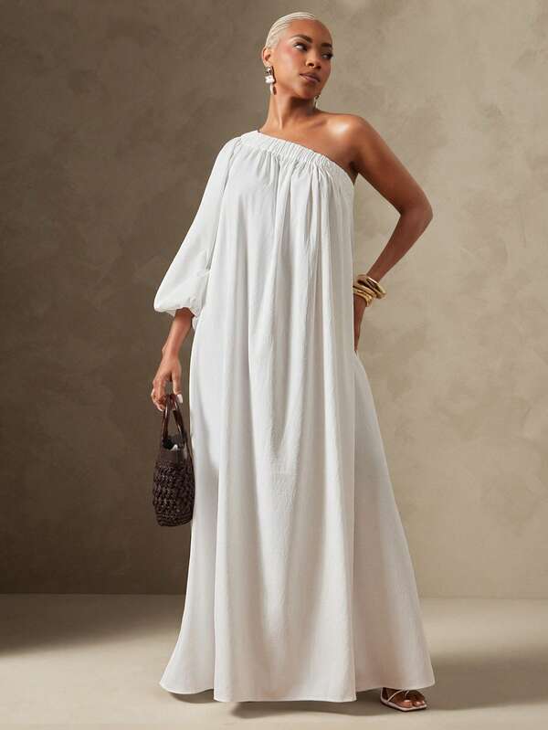 Vixey Solid Woven Twill One Shoulder Petal Sleeve Midi Flowy Dress With Pockets