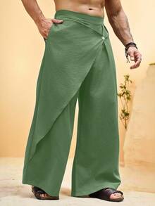 VENTUSAIL Men's Solid Color Deconstructed Pleated Loose Fit Long Pants - Army Green - View 4