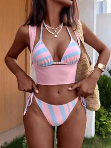 Zestiva Women's Summer Beach Vacation Halter Tie Beaded Decor Backless Sexy Bikini Swimsuit 3-Piece Set - Multicolor - View 3