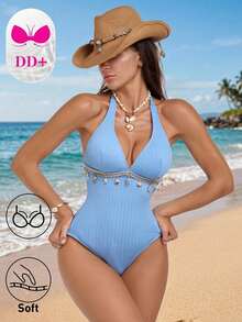 Voyashape Women's Solid Color Halter One-Piece Swimsuit, Suitable For Beach Vacation, Pool Party, Light Blue Summer Sexy Tropical - Blue - View 2