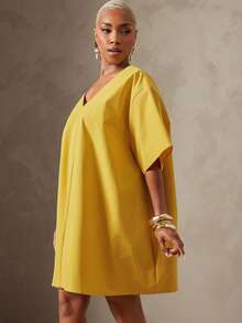 Vixey Solid Woven Drop Shoulder Sleeve Boxy Oversized Short Dress, Resort Wear, Beach To Dinner, Resort Chic, Vacation Ready, Cruise Outfit, Vacation Outfit - Mustard Yellow - View 5