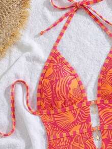 Swim Vcay Vintage Vacation Style Women's One-Piece Swimsuit, Orange And Beige Color Block Marine Life Print, Halter Neck Tie, Double Layer Hollow Out, Metal Star Decor, High Cut Bodycon, Retro Vacation Style, Spring Easter Beach Coast Holiday Fashion Look - Orange - View 5