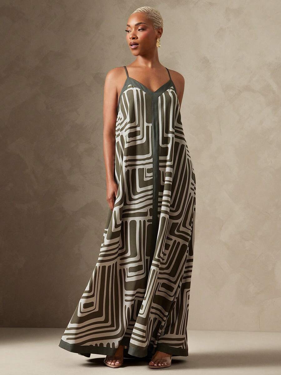 Vixey Geometric Print Border Detail Cami Strap Flowy A Line Midi Dress, Resort Wear, Beach To Dinner, Resort Chic, Vacation Ready, Cruise Outfit - Army Green - View 1