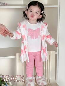 3pcs Newborn Baby Girls'white And Pink Pajama Set,Cute Cloud Print Plush Hoodie Robe,Long Sleeve Ribbed Top & Pants,Autumn Holiday Winter Outfit - Baby Pink - View 7