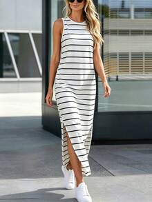 Silhoulove Vestido de tirantes con rayas gris claro y abertura lateral - Blanco - Ver 2