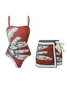 Swim Oasis 2026 Spring/Summer Plus Size 2-Piece Set Coconut Tree Graphic Print Large Scoop Neck Detachable Shoulder Strap One-Piece Swimsuit With Skirt Women's Outfit Suitable For Beach Vacation - Multicolor - View 3