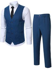 Manfinity Mode Conjunto de chaleco y pantalones a rayas de moda para hombres - Neblina azul - Ver 3