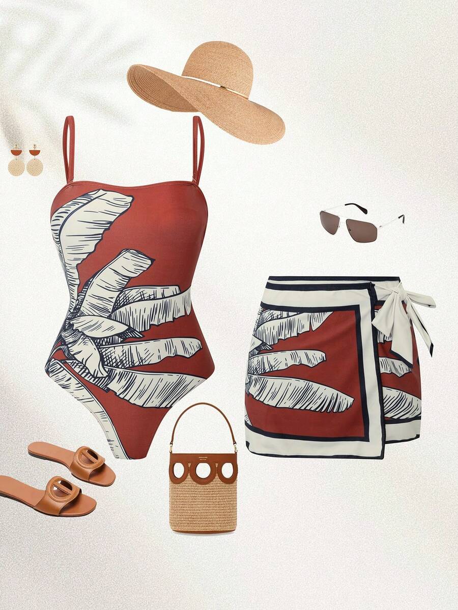 Swim Oasis 2026 Spring/Summer Plus Size 2-Piece Set Coconut Tree Graphic Print Large Scoop Neck Detachable Shoulder Strap One-Piece Swimsuit With Skirt Women's Outfit Suitable For Beach Vacation - Multicolor - View 1