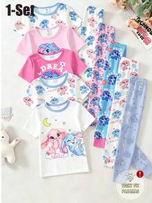 2pcs/Set Girls' Knit Round Neck Short Sleeve Long Pants Blue & White Cartoon Cute Funny Painted Rabbit Simple Casual Comfortable Soft Fitted Loungewear Set Summer - Blue and White - View 1