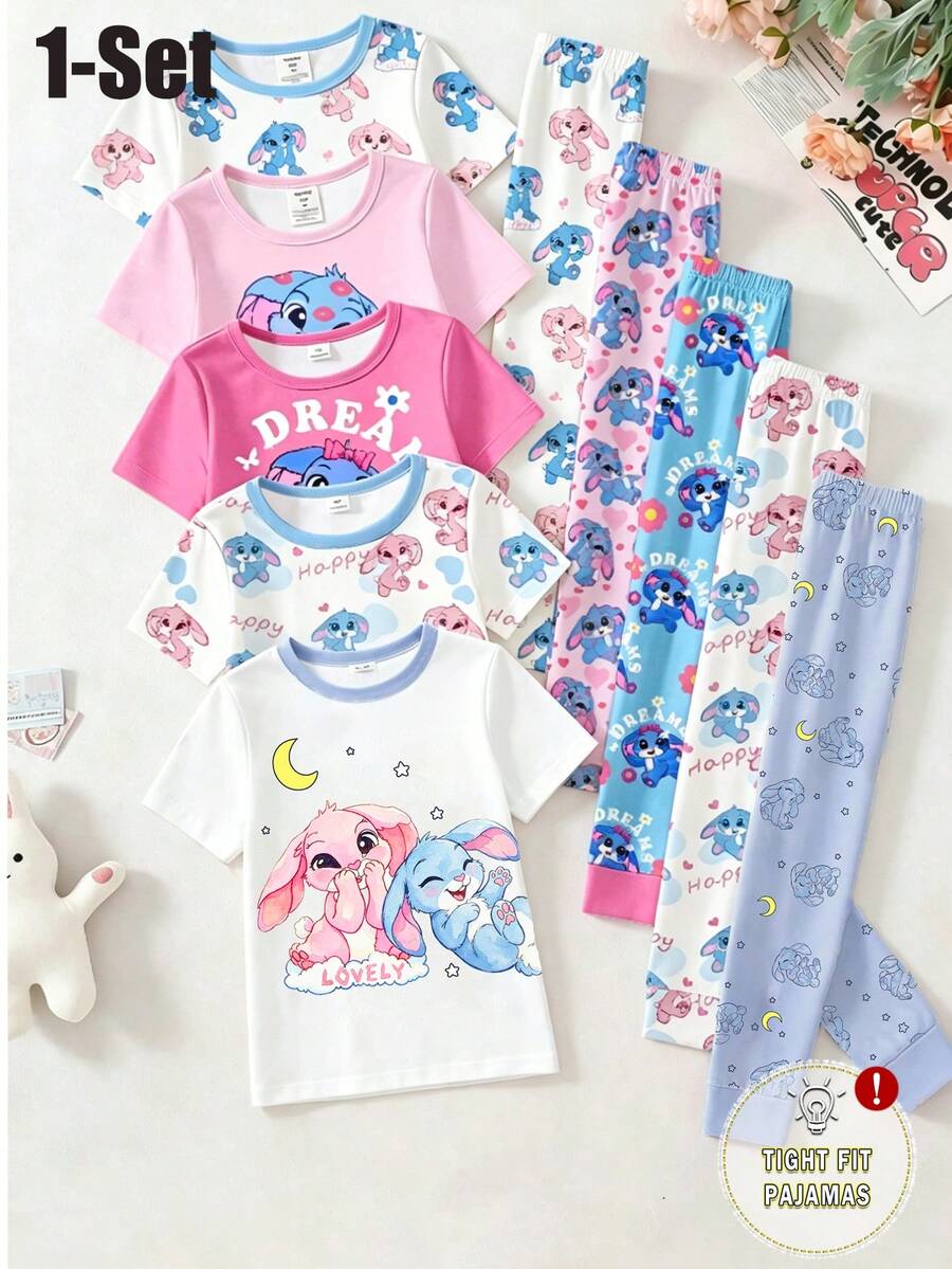 2pcs/Set Girls' Knit Round Neck Short Sleeve Long Pants Blue & White Cartoon Cute Funny Painted Rabbit Simple Casual Comfortable Soft Fitted Loungewear Set Summer - Blue and White - View 1