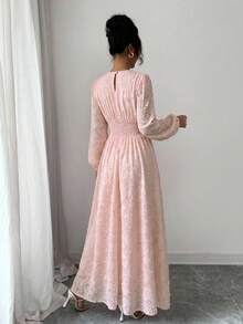 Modelyn 女款夏季雪紡蝴蝶印花抓皺圓領長袖洋裝 - 淺粉色 - 查看 2