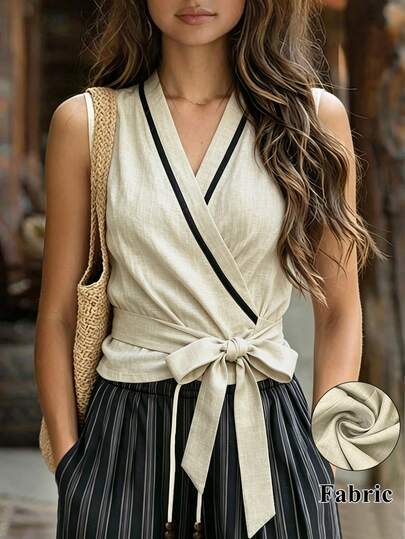 SHEIN LUNE Women's V-Neck Criss-Cross Wrap Tie Cinched Waist Tank Top In Apricot, Black, Khaki. Elegant Fringe Casual Commuter Wear, Versatile Daily Vacation
