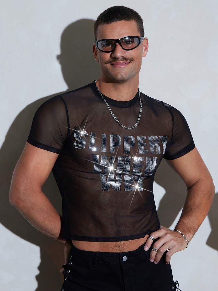 FeverCity Camiseta de malla transparente con decoración de strass sexy para hombre de verano - Negro - Añade 1