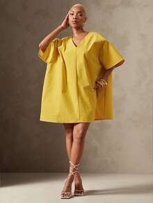 Vixey Solid Woven Drop Shoulder Sleeve Boxy Oversized Short Dress, Resort Wear, Beach To Dinner, Resort Chic, Vacation Ready, Cruise Outfit, Vacation Outfit - Mustard Yellow - View 1