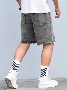 Manfinity Roughcore Quần short denim thiết kế hình thang rộng rãi cho nam - Xám - Xem 2