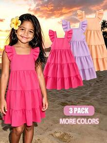 SHEIN Elladie kids 三件套女童连衣裙套装，采用柔和的紫色、橙色和玫瑰红纯色休闲设计，搭配百搭。 - 彩色 - 查看 8
