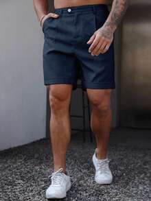Manfinity Homme 男士休闲卷口袋短裤，适合夏季日常穿着 - 寶藍色 - 查看 4