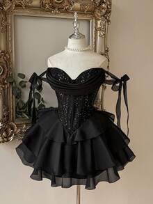 Lovelzi Elegant Glamorous Black Sequin 3D Applique Off-Shoulder Corset Boned Ruched Tiered Layered Ruffle A-Line Mini Dress Prom Homecoming Cocktail Party - Black - View 7