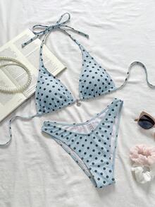 SHEIN Swim Cute Breezy Blue Polka Dot Sexy Tropical European Vintage Women's Beach Vacation Party Swimwear Set Summer - Mint Blue - View 3