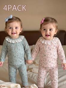 SHEIN Vintaside Kids 2pcs Baby Girls Elegant Pink Floral Outfit Set,Cute Floral Allover Print Ruffle Hem Long Sleeve Top And Long Pants,Autumn Night Pajama Sets - Multicolor - View 3